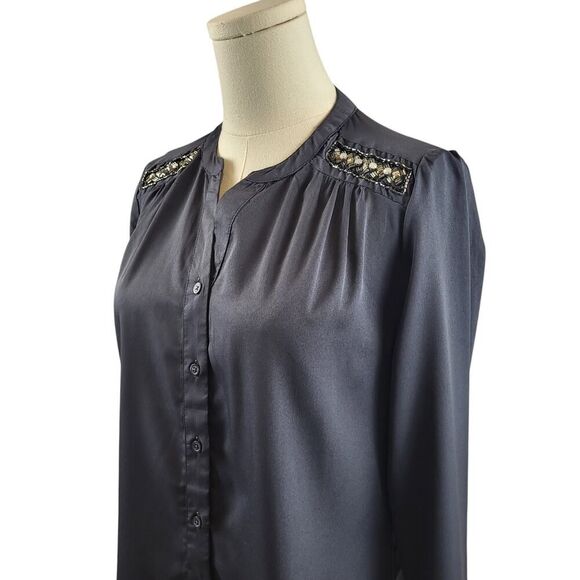Jacklyn Smith Small Slate Blue Blouse Beaded Shoulders Button Shirred Front Glam - Picture 5 of 11